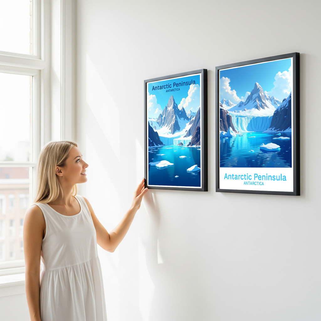 Reflectionare digital art of the Antarctic Peninsula showcasing icy landscape and snow-covered mountains in a vibrant, artistic style