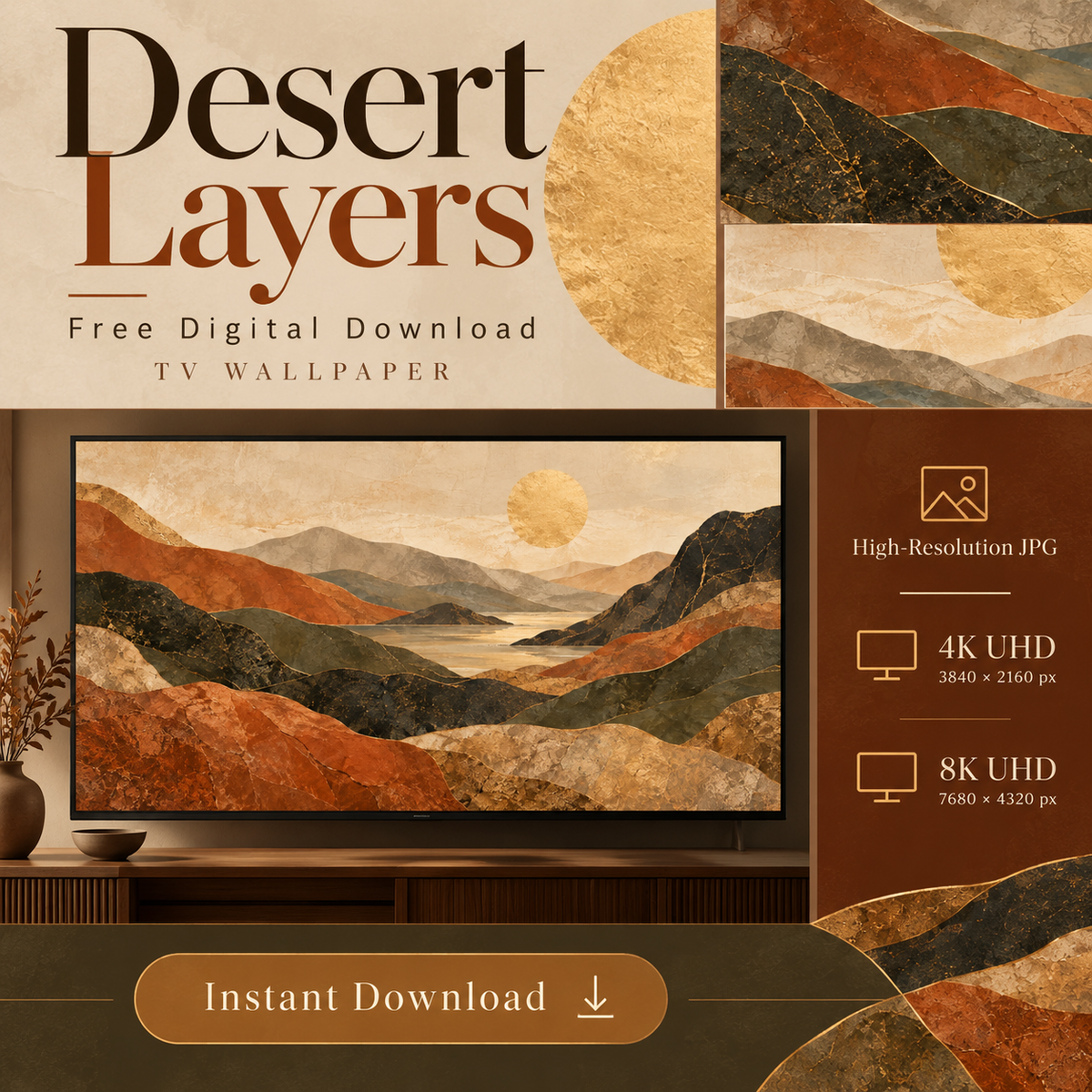 Desert Layers abstract landscape wallpaper displayed on a television in a warm neutral interior