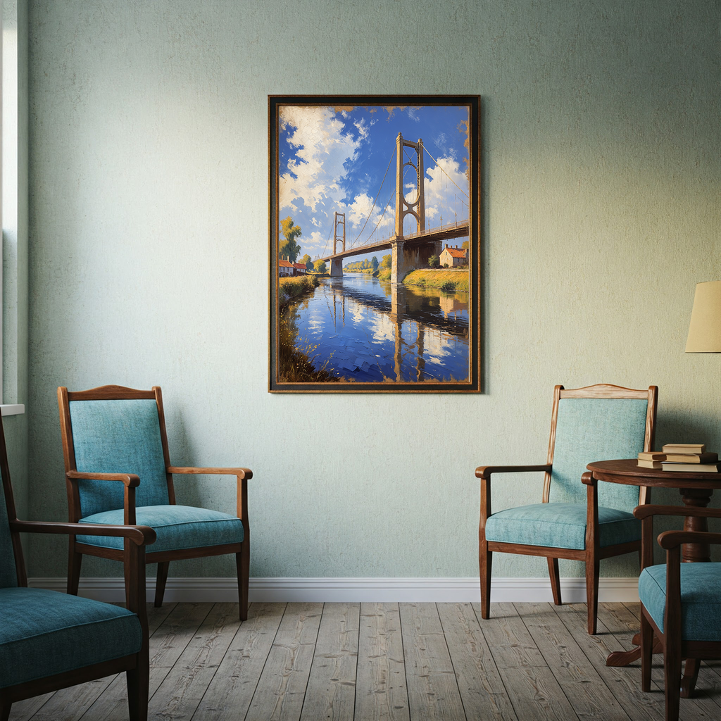 Vintage Suspension Bridge River Painting Wall Art | Digital Download