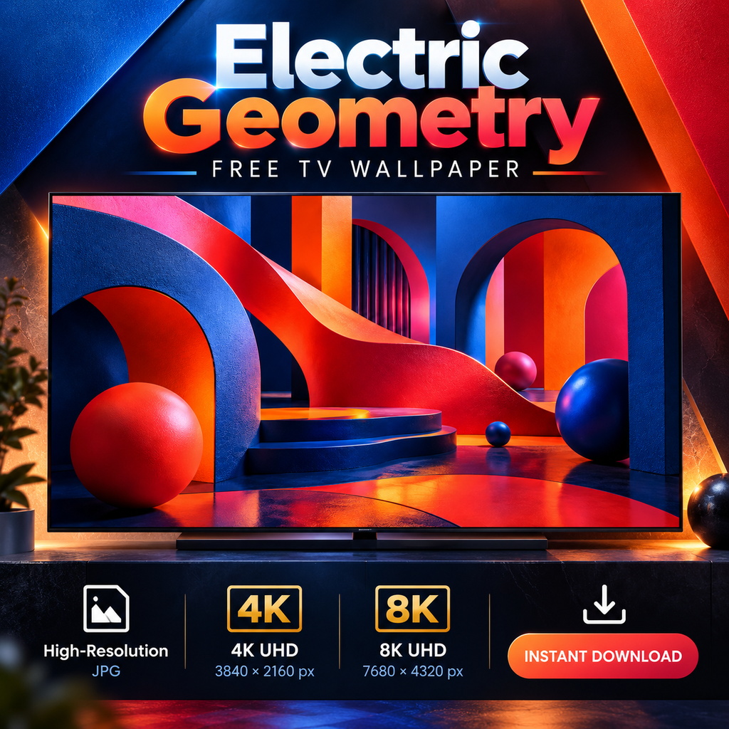 Electric Geometry abstract TV wallpaper displayed on a screen with high-resolution 4K and 8K file specifications