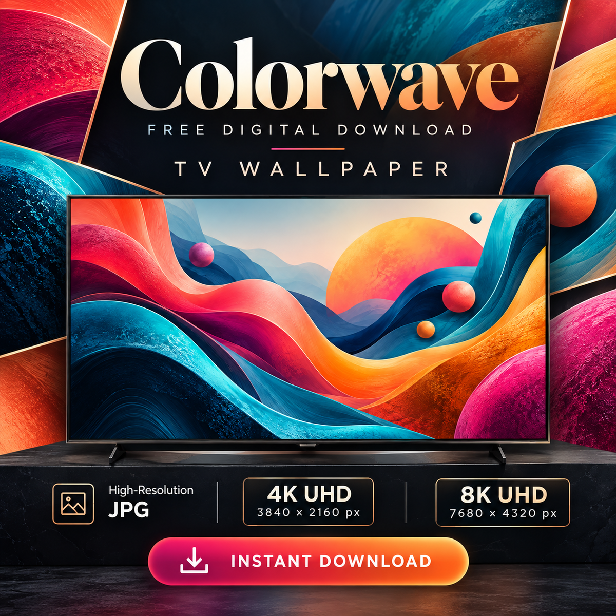Colorwave colorful abstract wallpaper displayed on a television with high-resolution download specifications