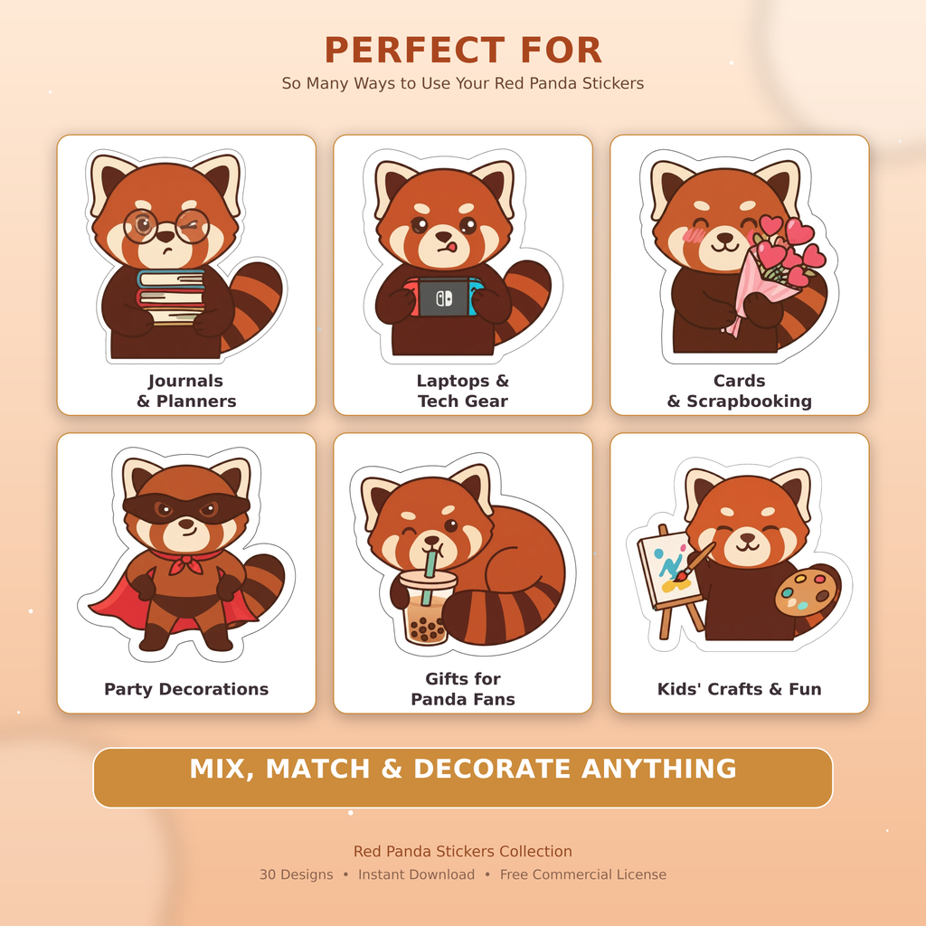 Cute Red Panda Stickers PNG Clipart Pack | Digital Download