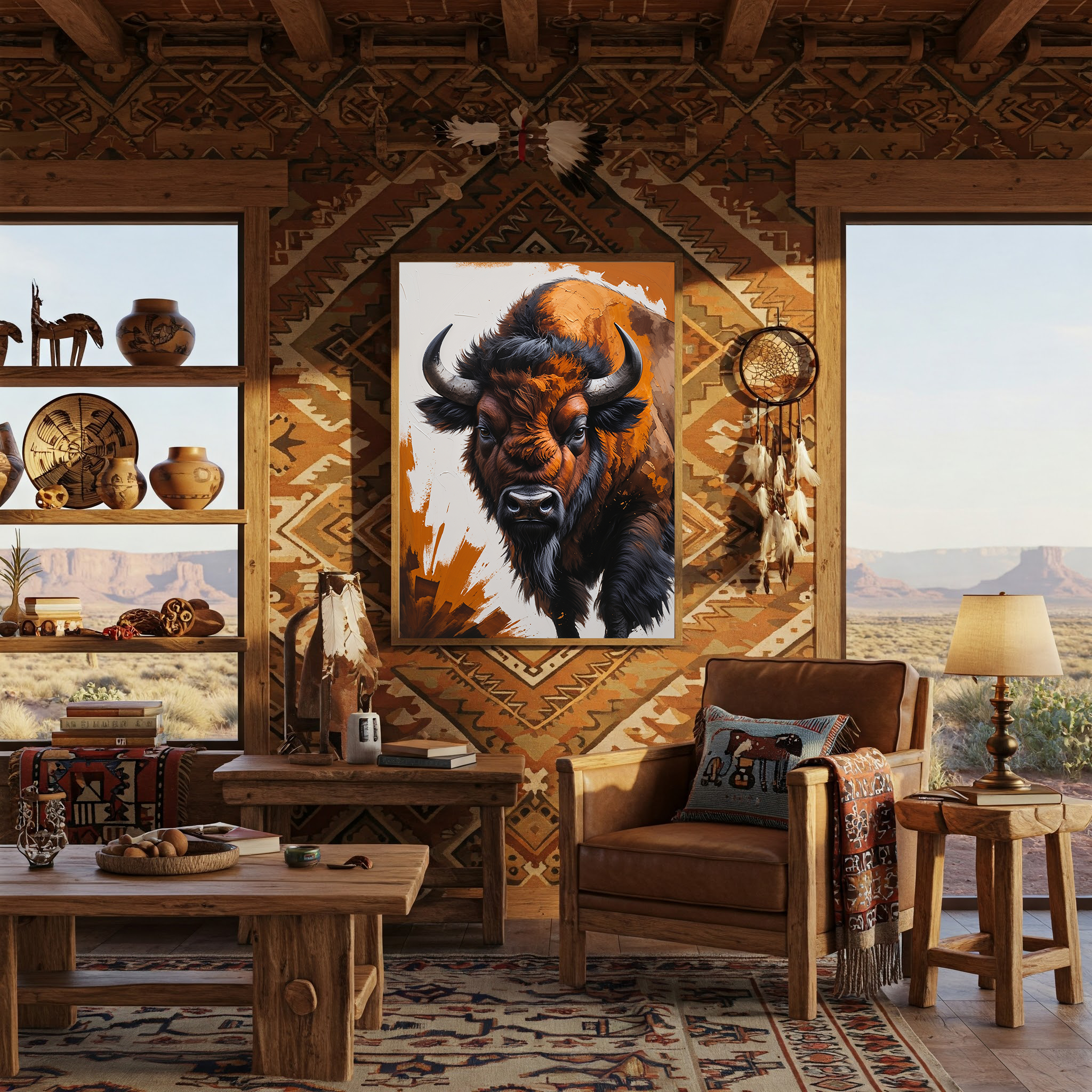 Abstract buffalo digital art print by Reflectionare featuring modern wildlife wall decor in vibrant colors and striking design.