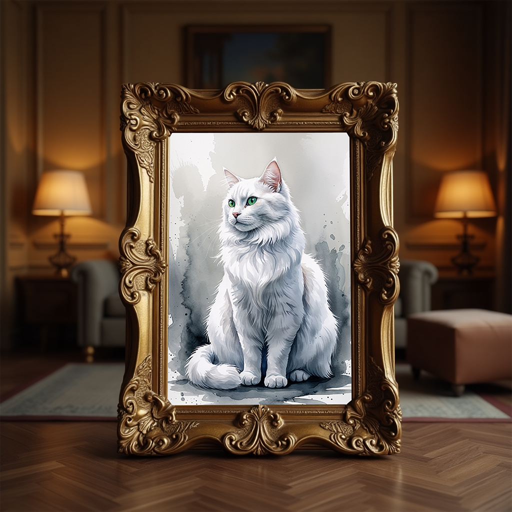 Watercolor white cat portrait in an ornate gold frame