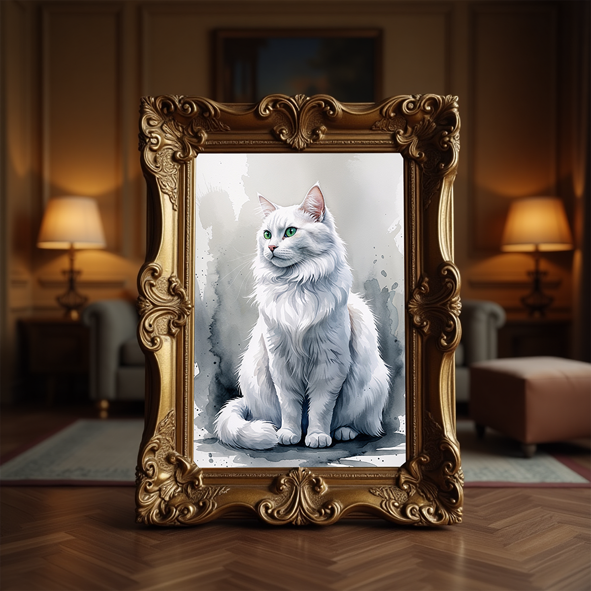 Watercolor white cat portrait in an ornate gold frame