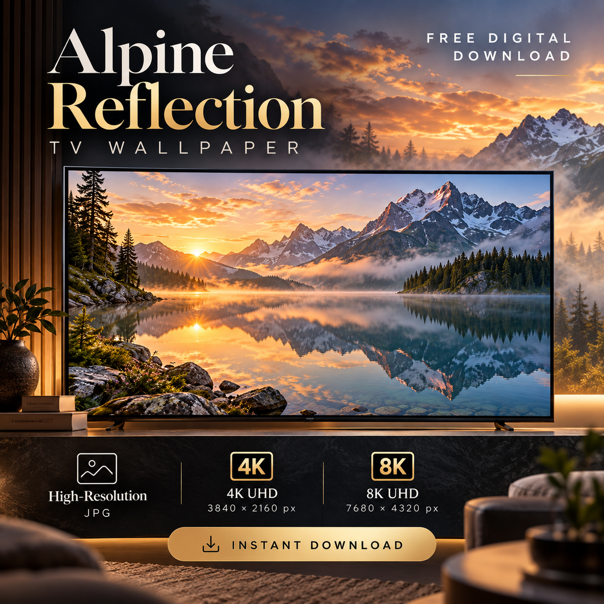 Alpine Reflection mountain lake wallpaper displayed on a television in a modern interior