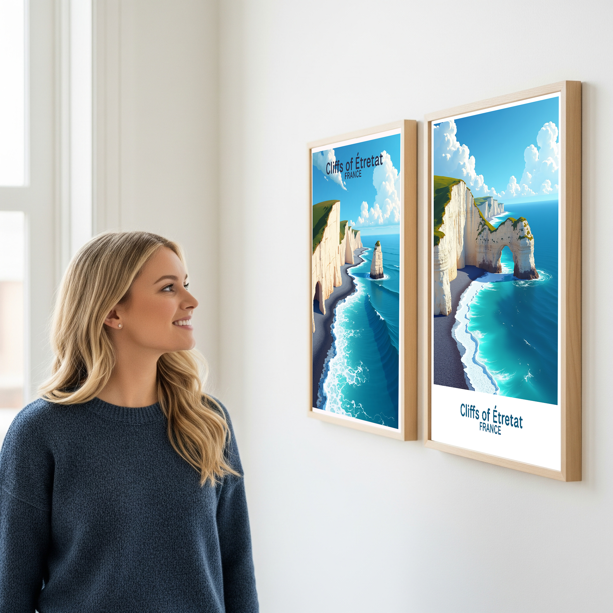 Digital art of the Cliffs of Étretat by Reflectionare, showcasing dramatic white chalk cliffs and rugged coastal scenery.