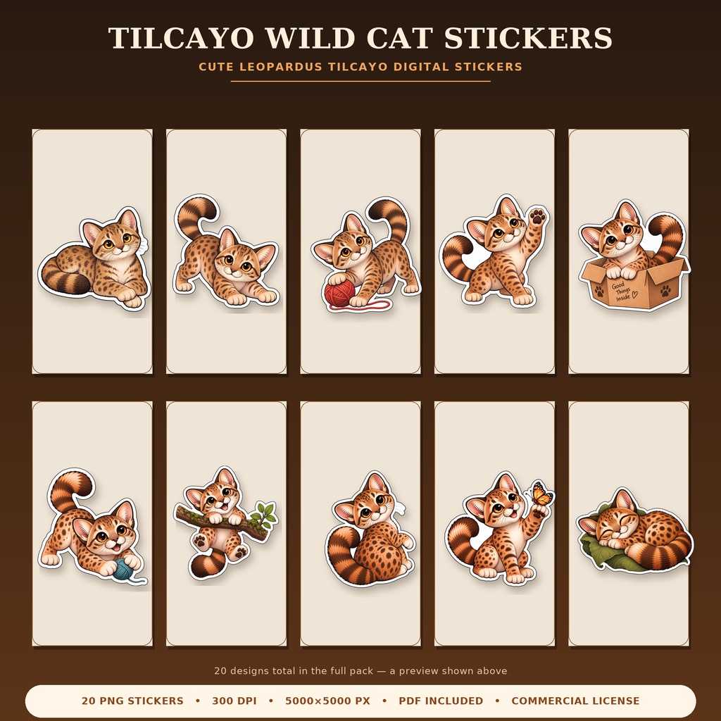 Tilcayo wild cat digital stickers shown as printable PNG designs