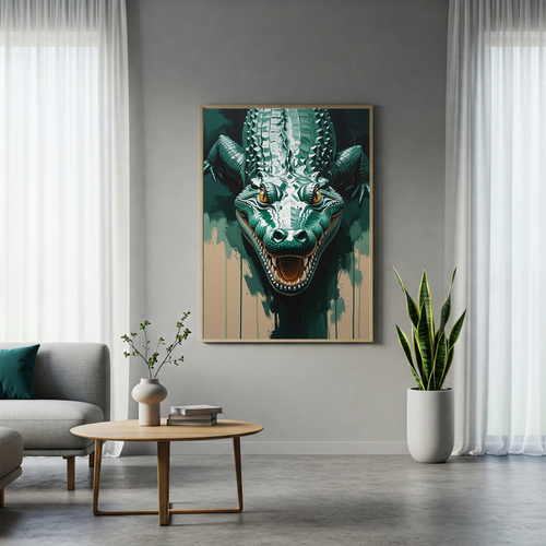 Abstract alligator digital art print by Reflectionare featuring modern reptile wall decor in vibrant colors on a digital canvas.