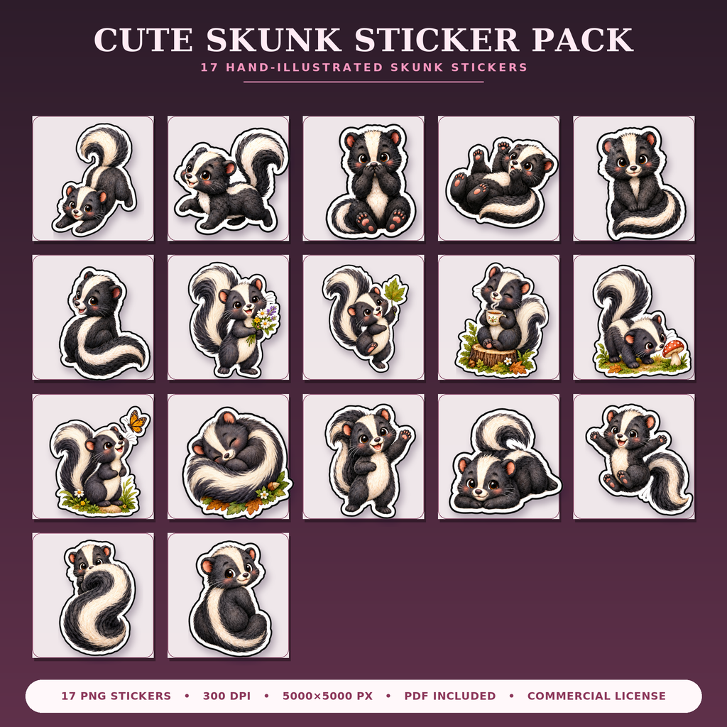 Cute Skunk Stickers PNG Clipart Pack | Digital Download