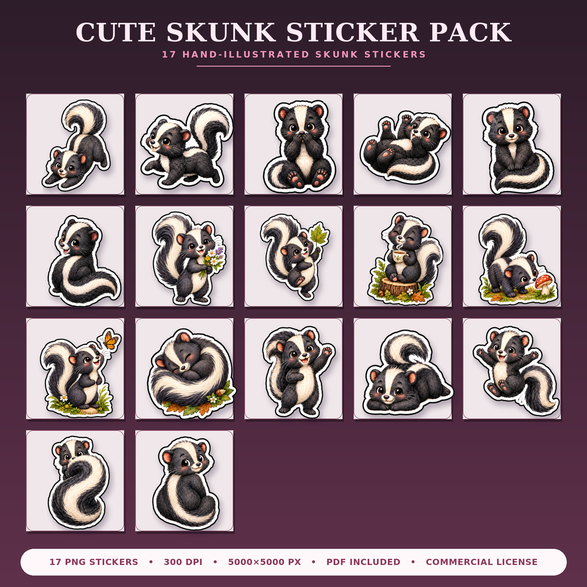 Cute Skunk Stickers PNG Clipart Pack | Digital Download