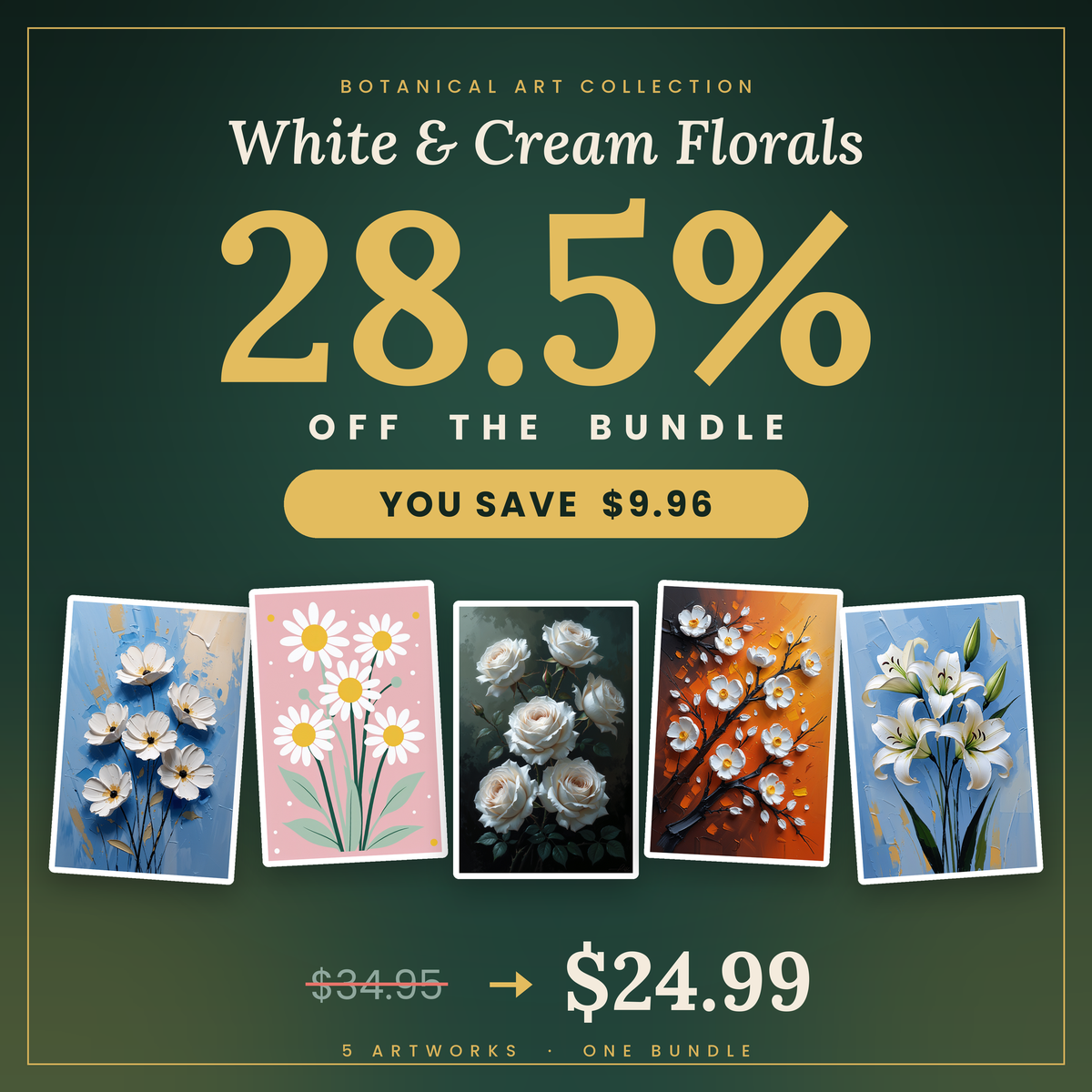 White & Cream Florals - 5 Premium Botanical Wall Art Prints Bundle