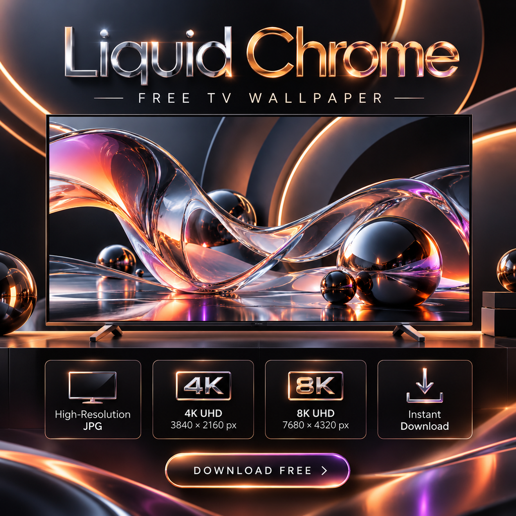 Liquid Chrome futuristic fluid glass TV wallpaper shown on a modern display
