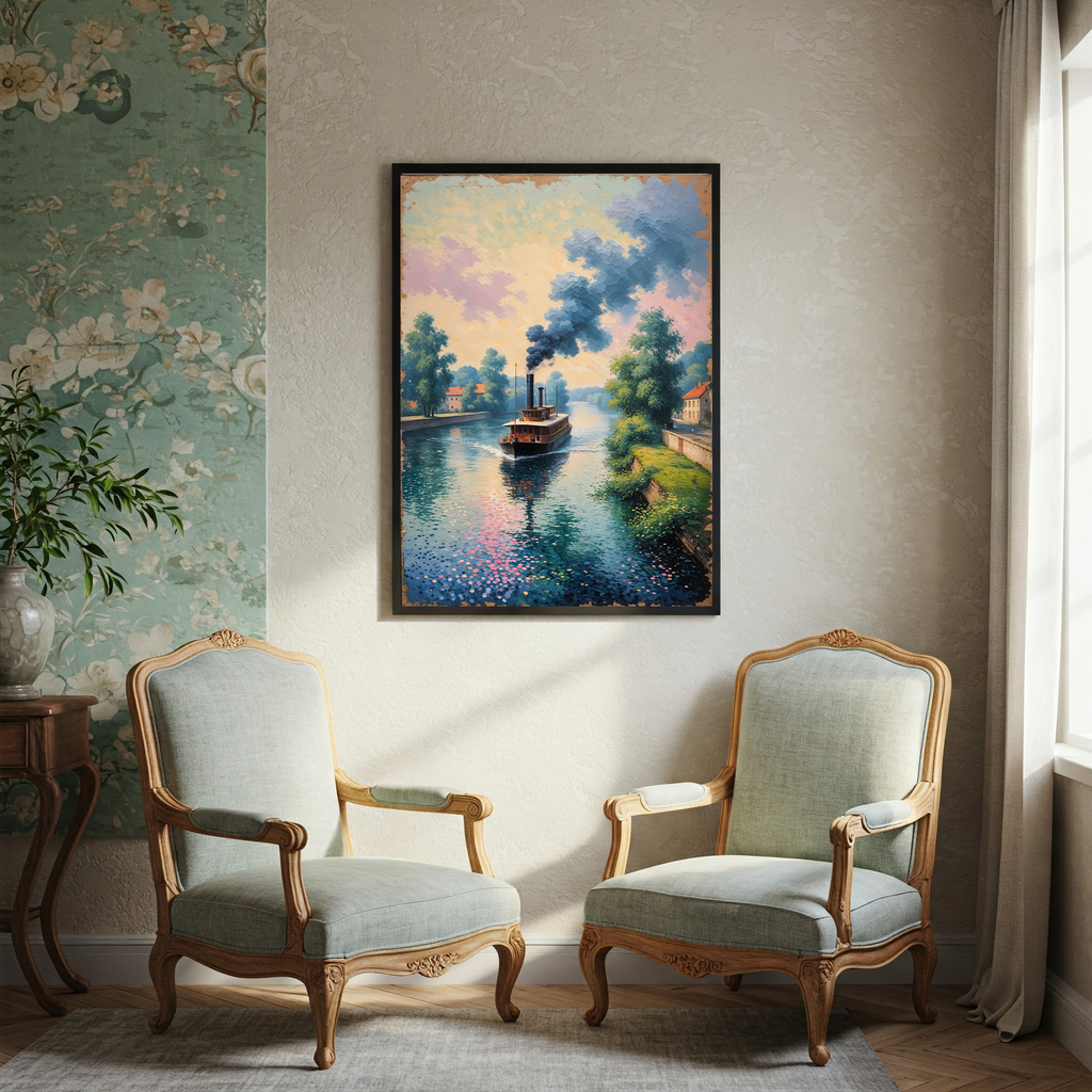 Vintage Steamboat River Painting Wall Art | Digital Download