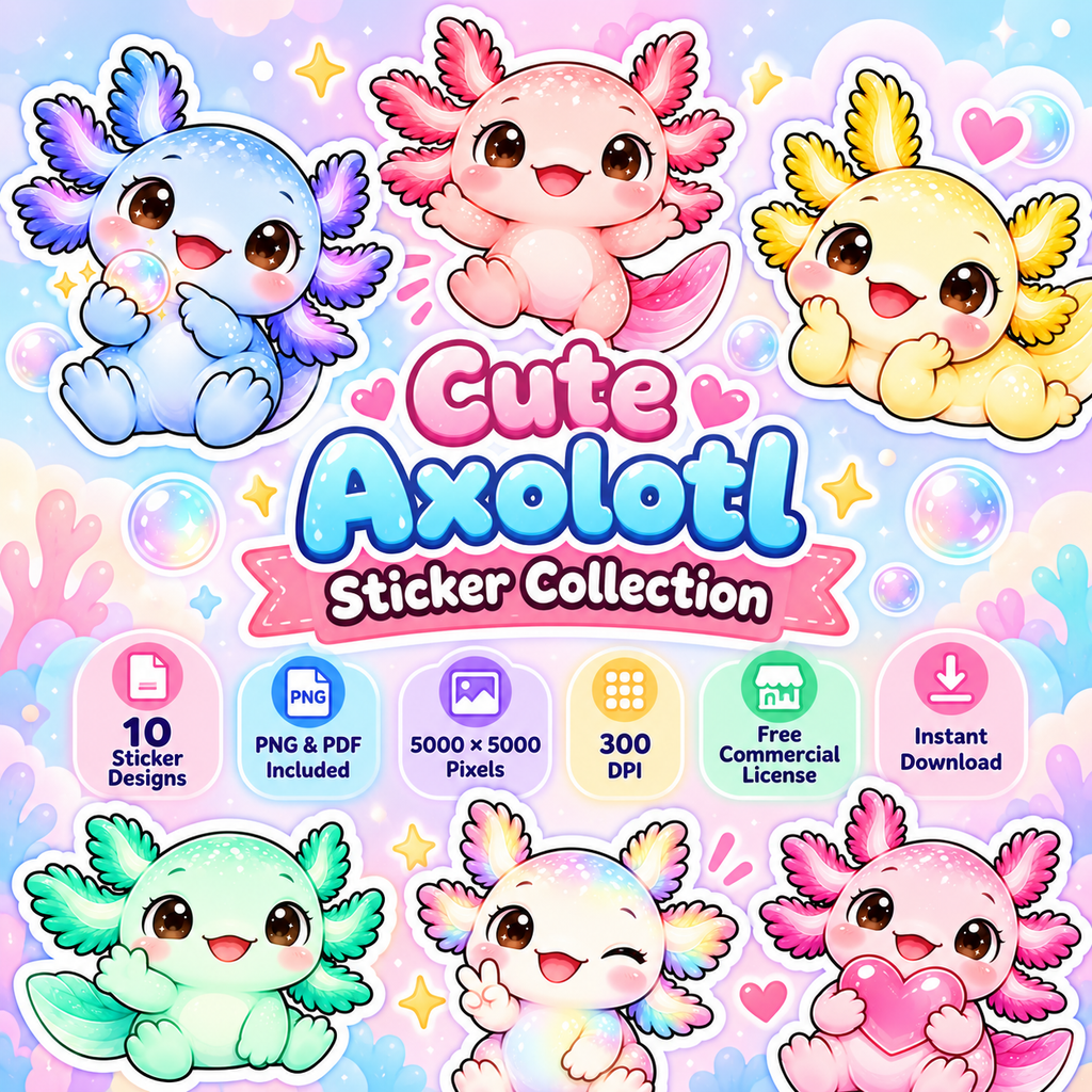 Cute Axolotl Stickers PNG Clipart Pack | Digital Download
