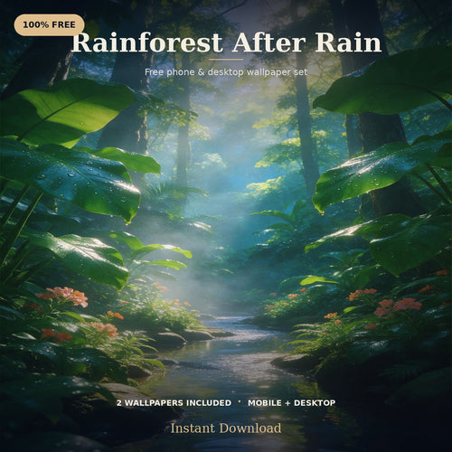 Desktop wallpaper preview of a lush tropical rainforest and flowing stream after rain.