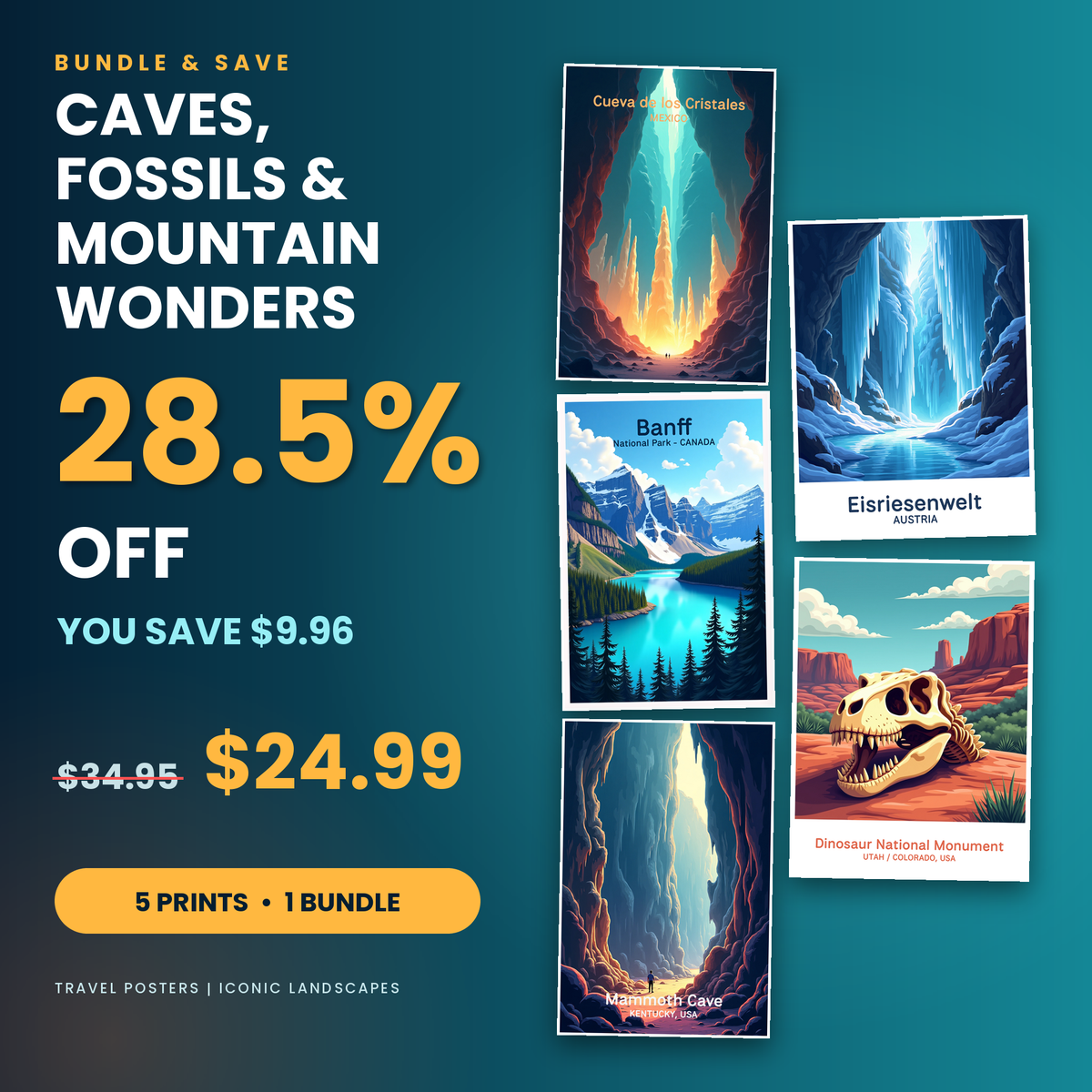 Caves, Fossils & Mountain Wonders - 5 Premium Wall Art Prints Bundle