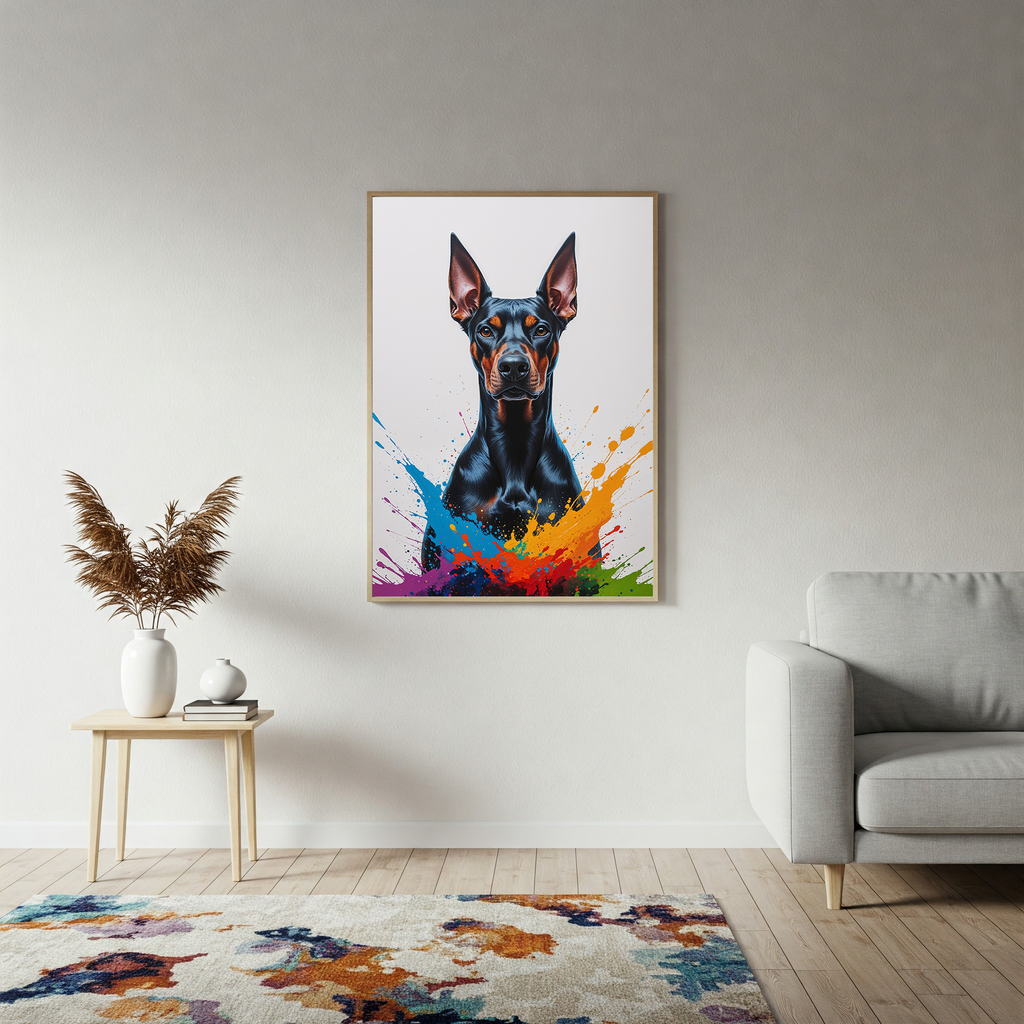 Colorful Doberman digital art by Reflectionare showing a vibrant, multicolored Doberman dog illustration on a digital canvas.