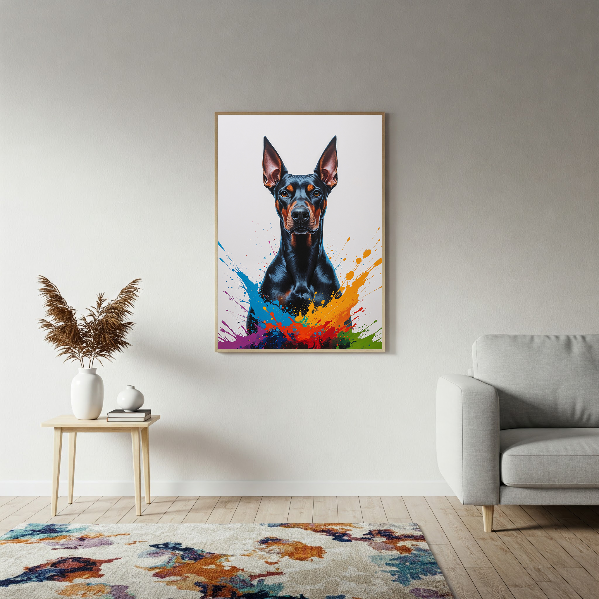 Colorful Doberman digital art by Reflectionare showing a vibrant, multicolored Doberman dog illustration on a digital canvas.