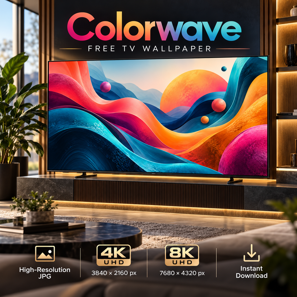 Colorwave vibrant flowing wallpaper displayed on a large television in a modern living room