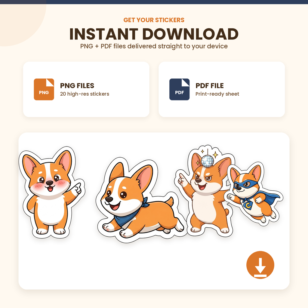 Cute Corgi Stickers Printable Dog PNG — detailed artwork preview