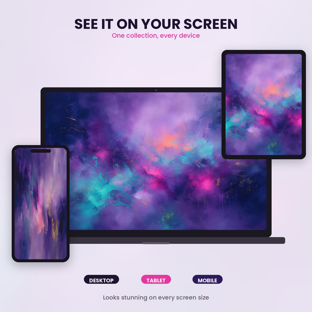 Violet Frequency abstract wallpaper displayed on desktop, laptop, tablet and phone screens