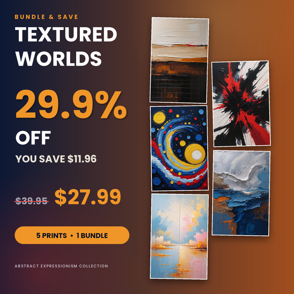Textured Worlds - 5 Premium Abstract Wall Art Prints Bundle