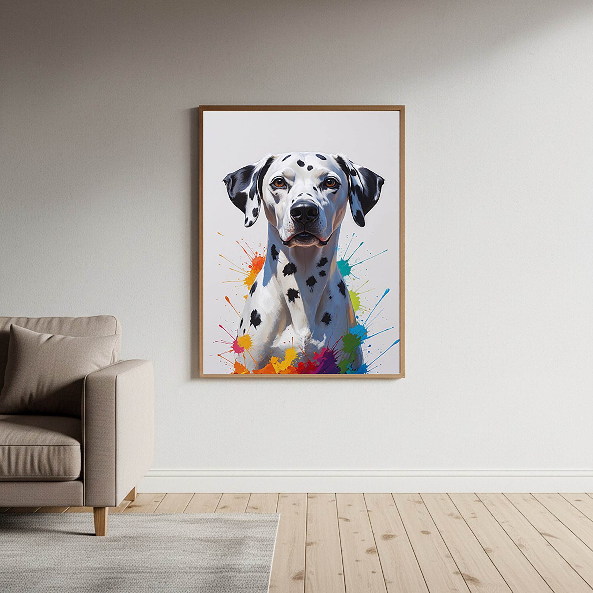 Colorful Dalmatian digital art by Reflectionare featuring a vibrant, abstract dog illustration with bright, multicolored spots.