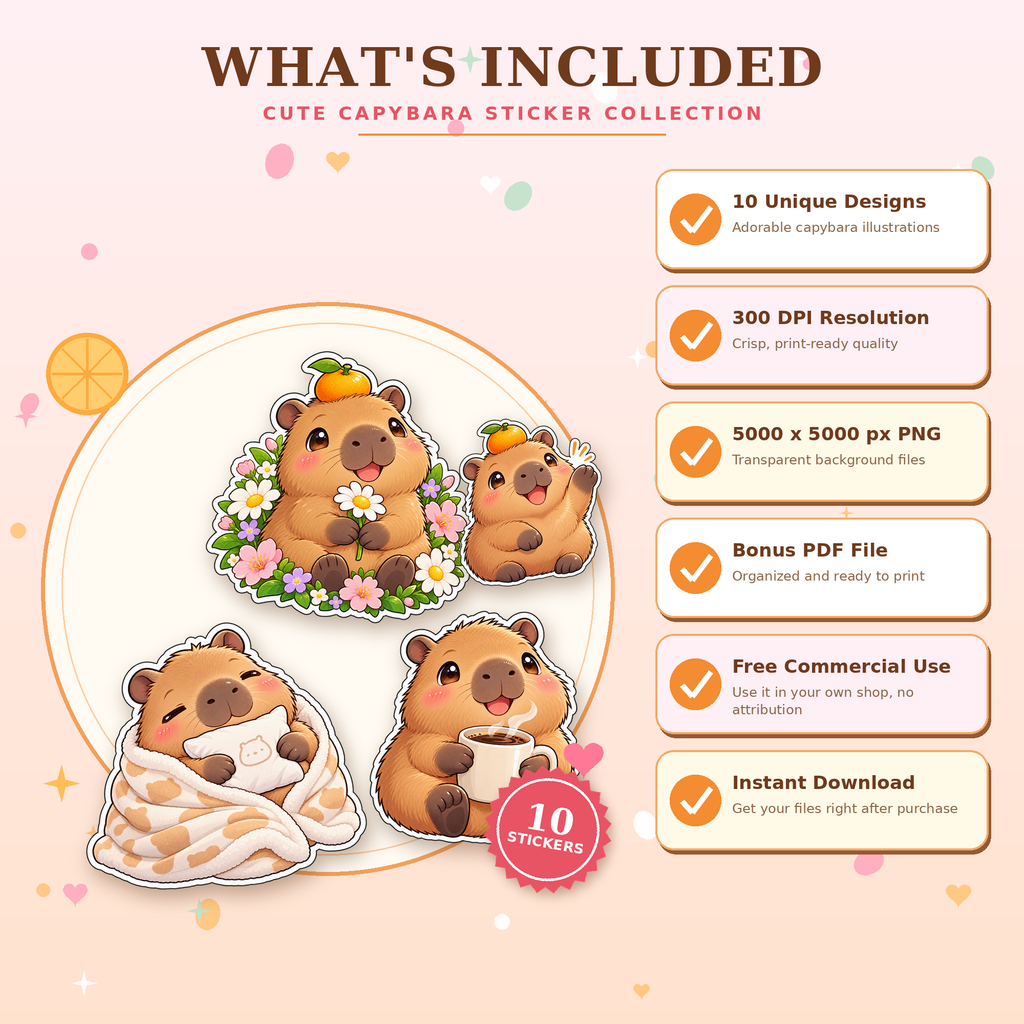 Cute Capybara Sticker Collection - 10 PNG Clipart Pack