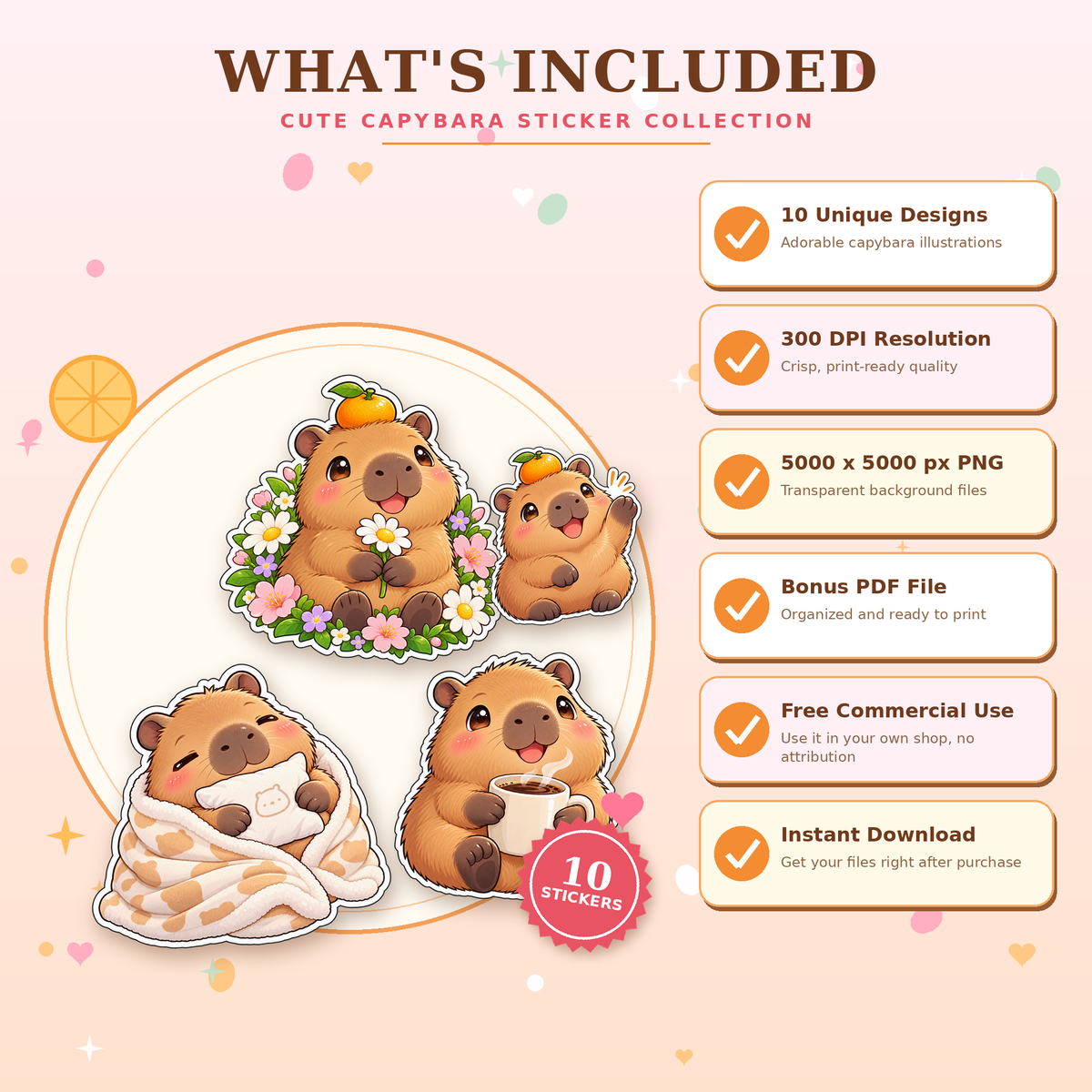 Cute Capybara Sticker Collection - 10 PNG Clipart Pack