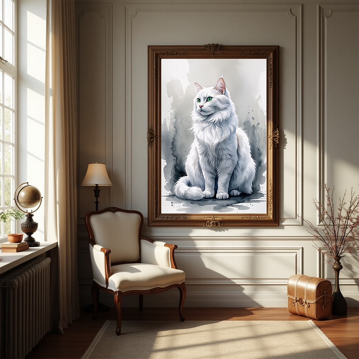 Watercolor white cat portrait above a chair in a sunlit room