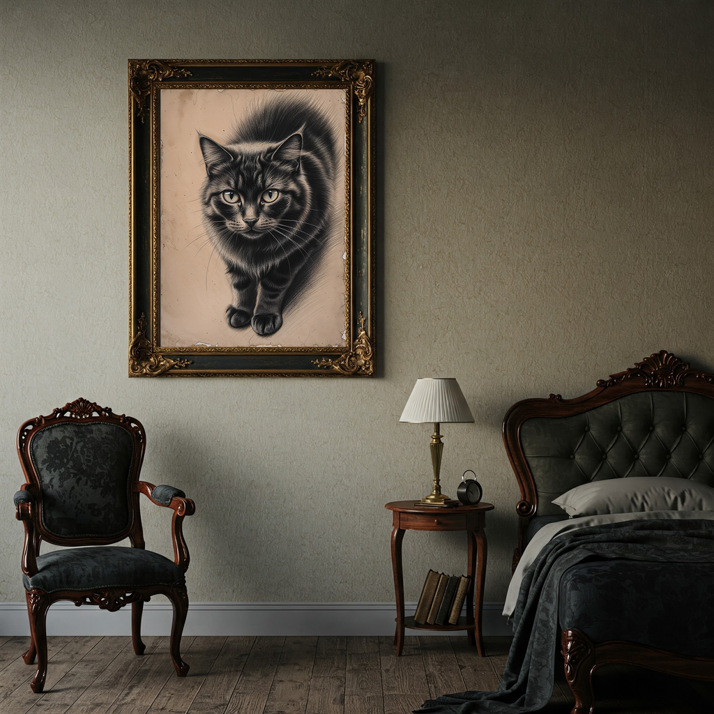 Vintage cat portrait art print by Reflectionare, featuring a retro animal wall decor digital art of a feline figure.