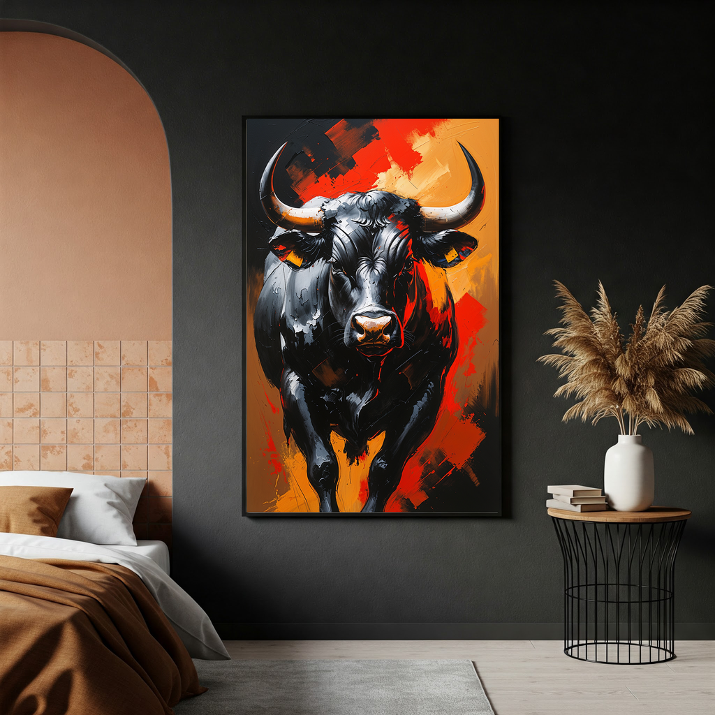 Black Bull Impasto Painting | Powerful Abstract Wall Art Print
