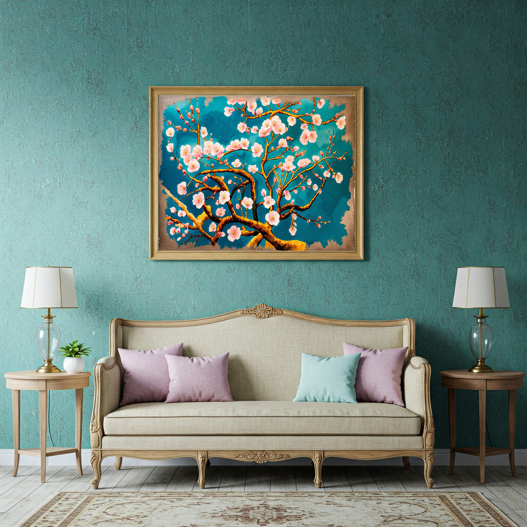Cherry Blossom Painting Teal Wall Art | Digital Download