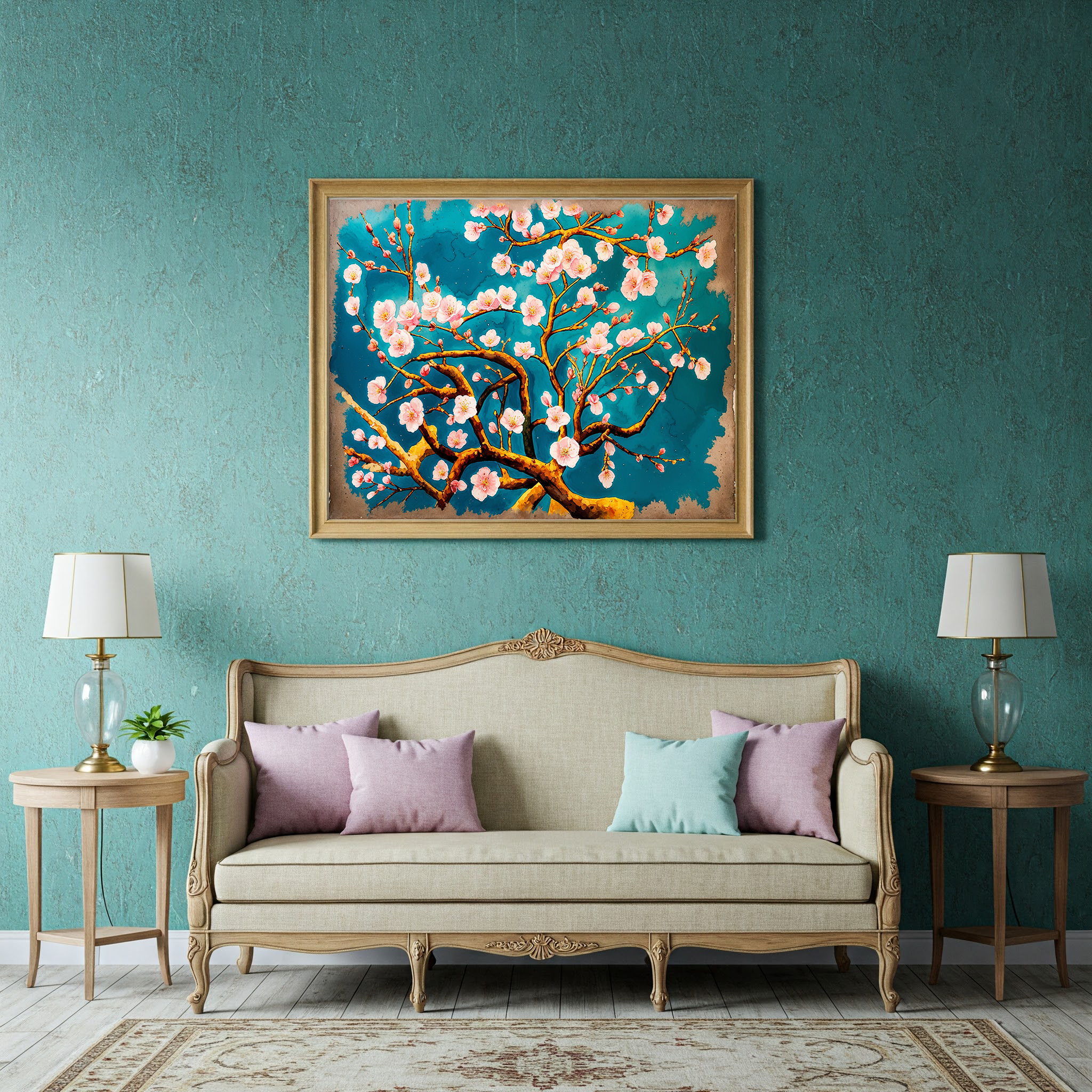 Cherry Blossom Painting Teal Wall Art | Digital Download