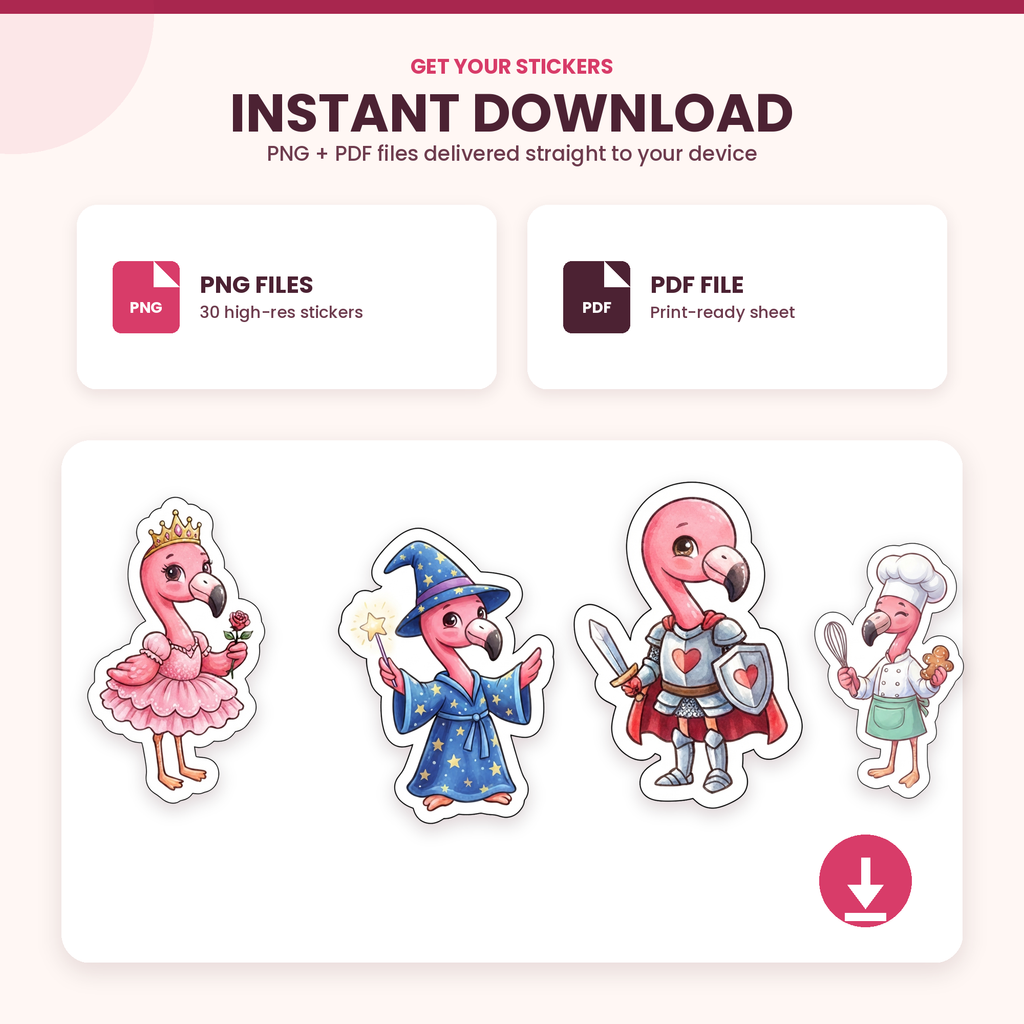Fantastic Flamingo Stickers Printable Cute PNG — detailed artwork preview