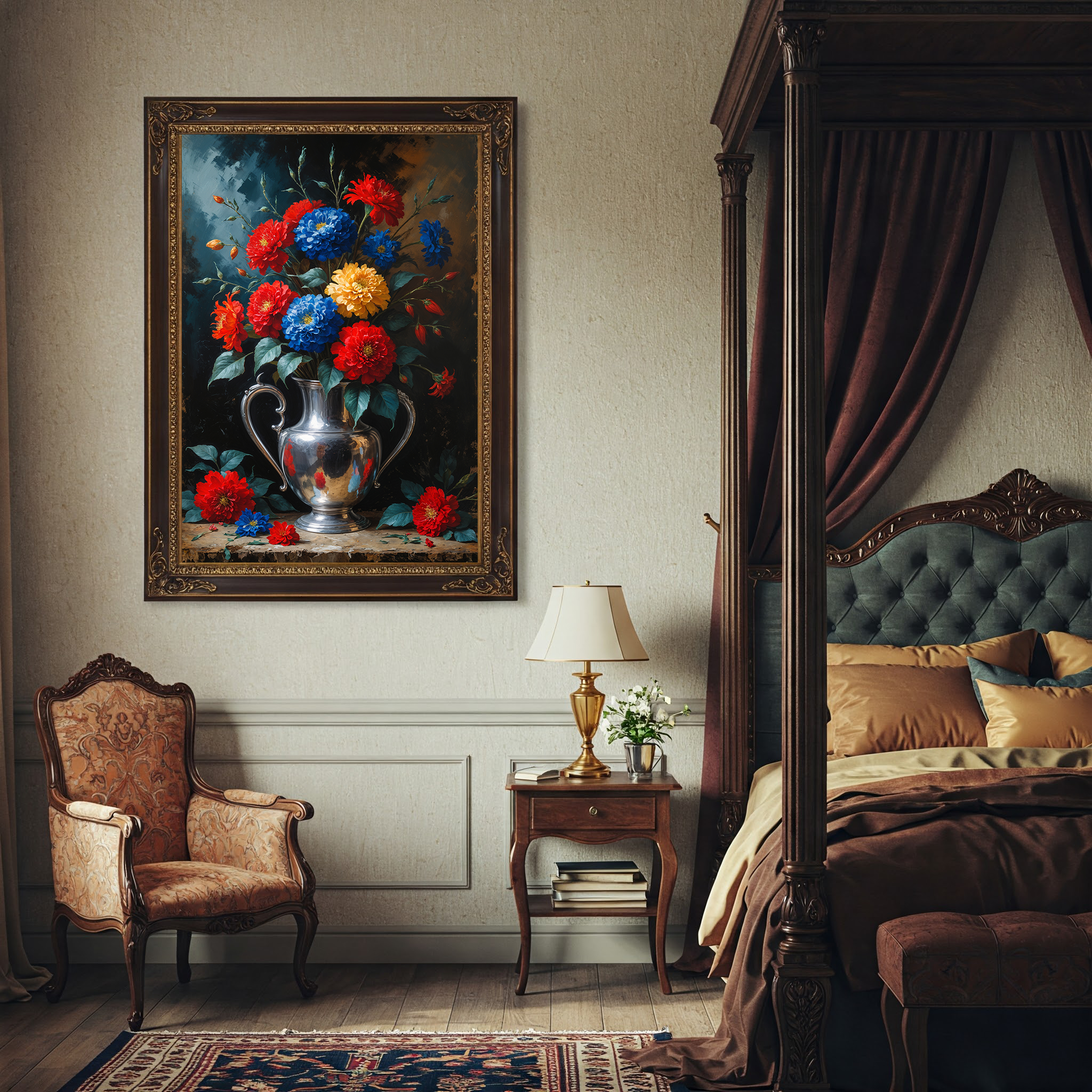 Vintage Silver Vase Red Blue Flowers Painting | Digital Download