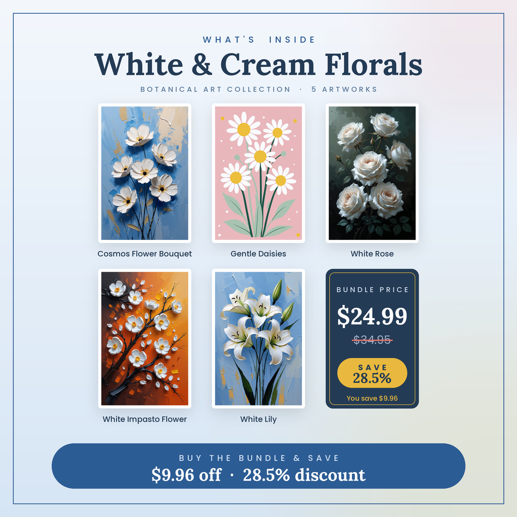 White & Cream Florals - 5 Premium Botanical Wall Art Prints Bundle