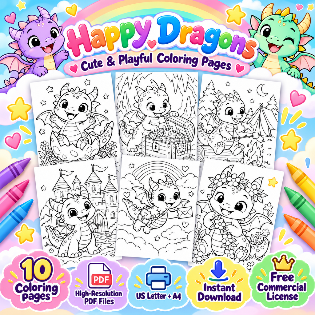 Happy Dragons A4 and US Letter coloring page download preview