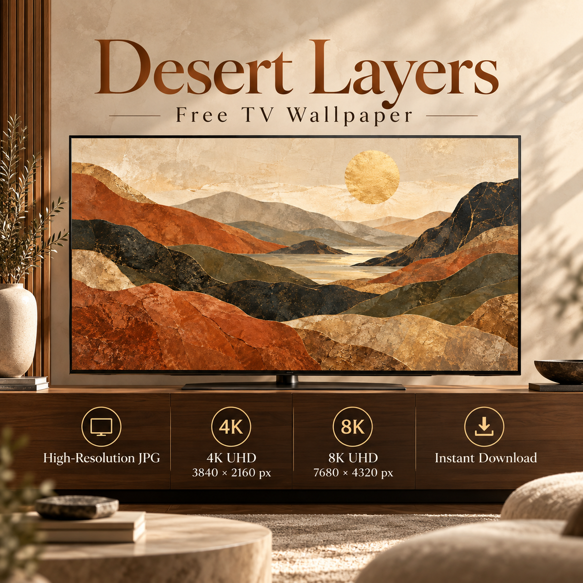 Desert Layers textured mountain TV wallpaper shown in a modern living room with 4K and 8K specifications