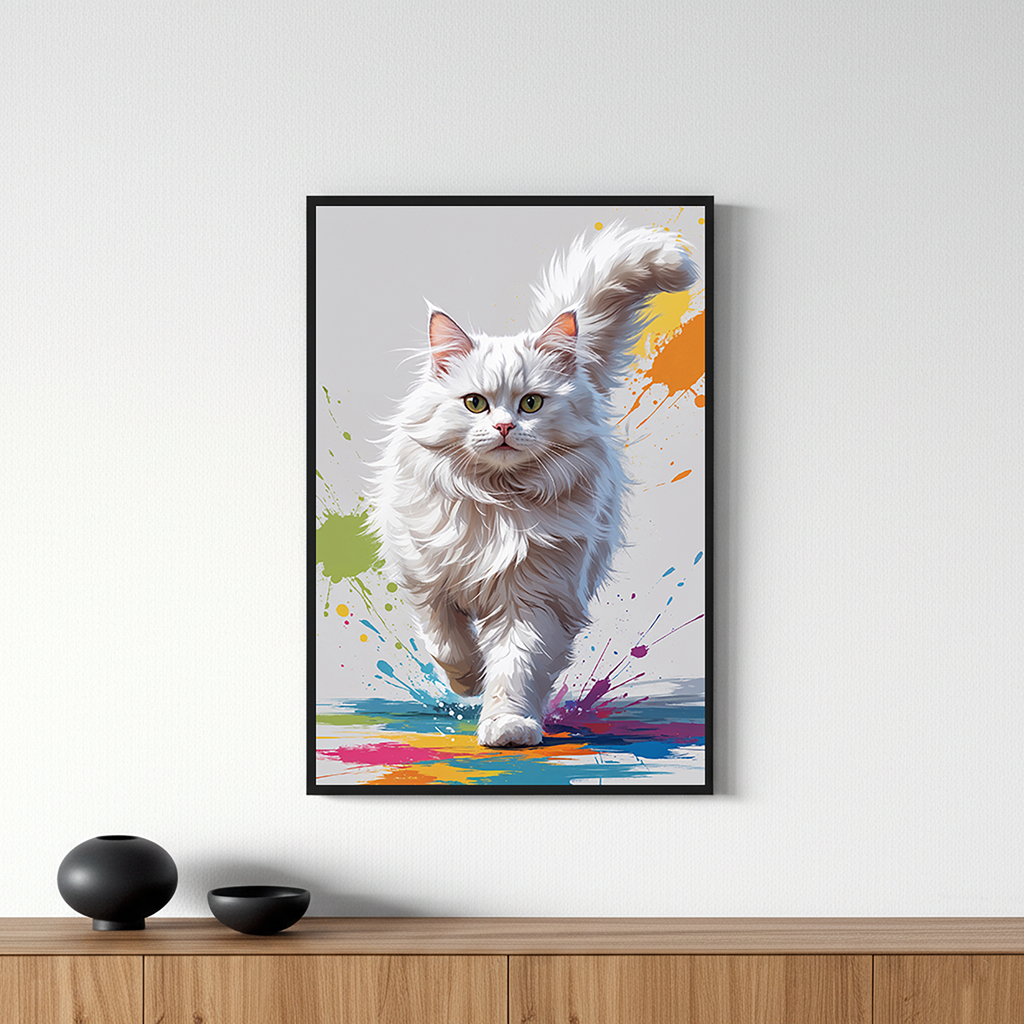 Fluffy White Cat Colorful Splash Art Print