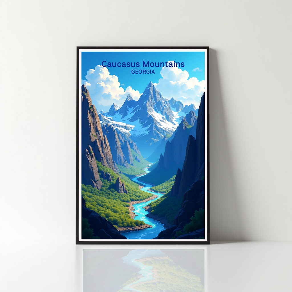 Reflectionare digital art of the Caucasus Mountains showcasing rugged peaks and scenic landscape in vibrant colors.