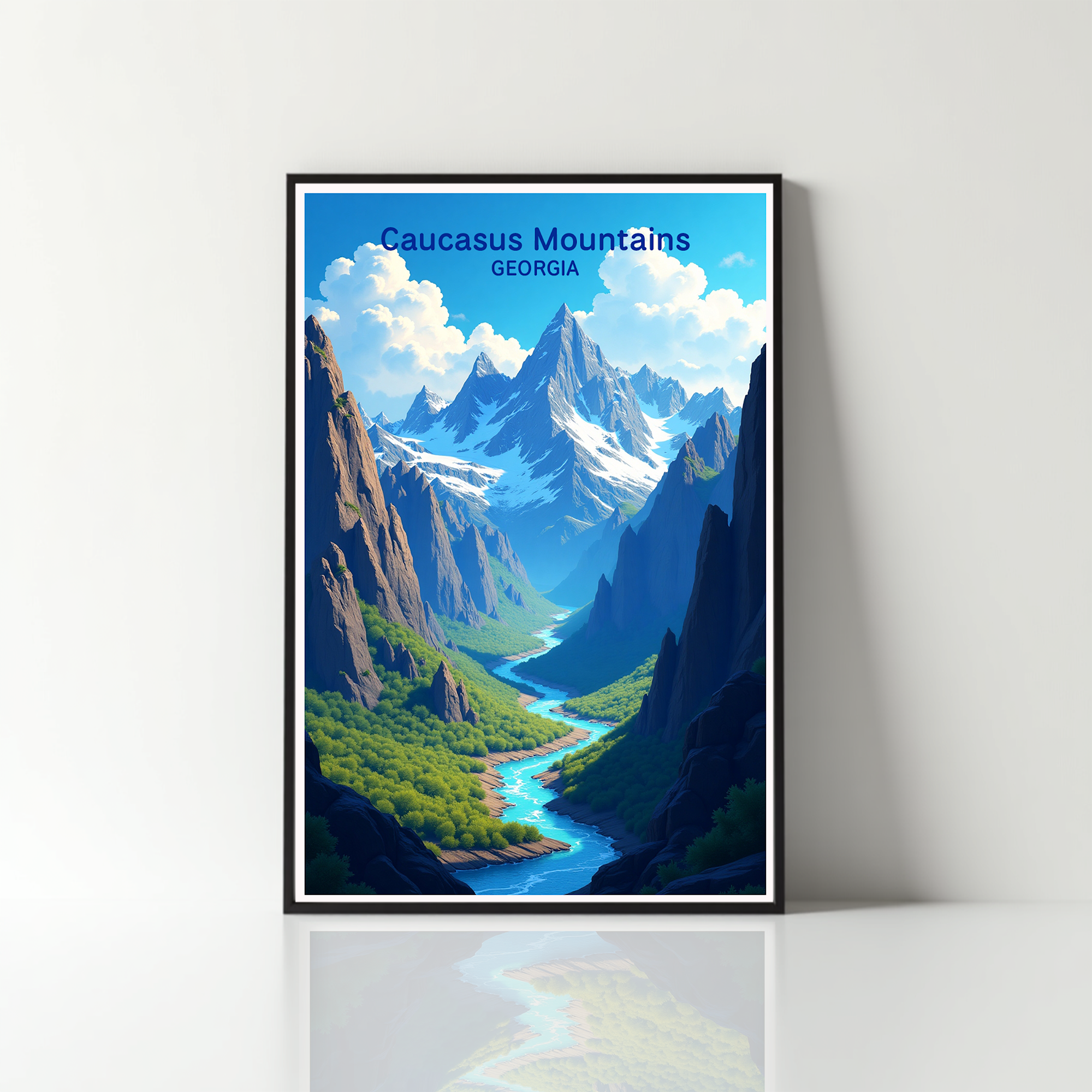 Reflectionare digital art of the Caucasus Mountains showcasing rugged peaks and scenic landscape in vibrant colors.