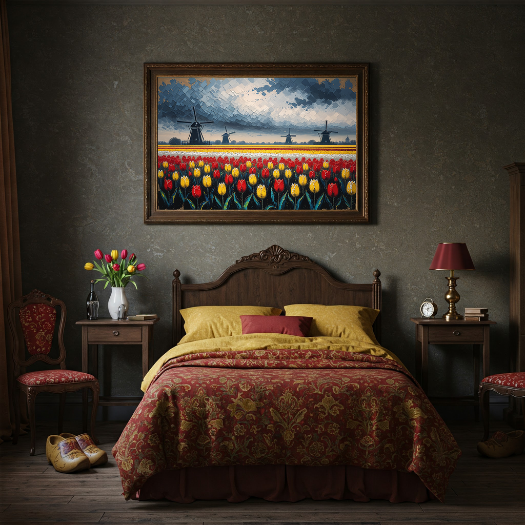 Dutch Tulip Field Windmill Oil Painting | Digital Download