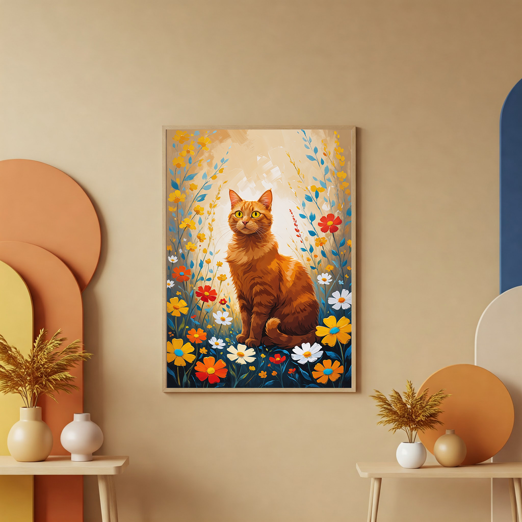 Orange Cat in Wildflowers Wall Art | Digital Download