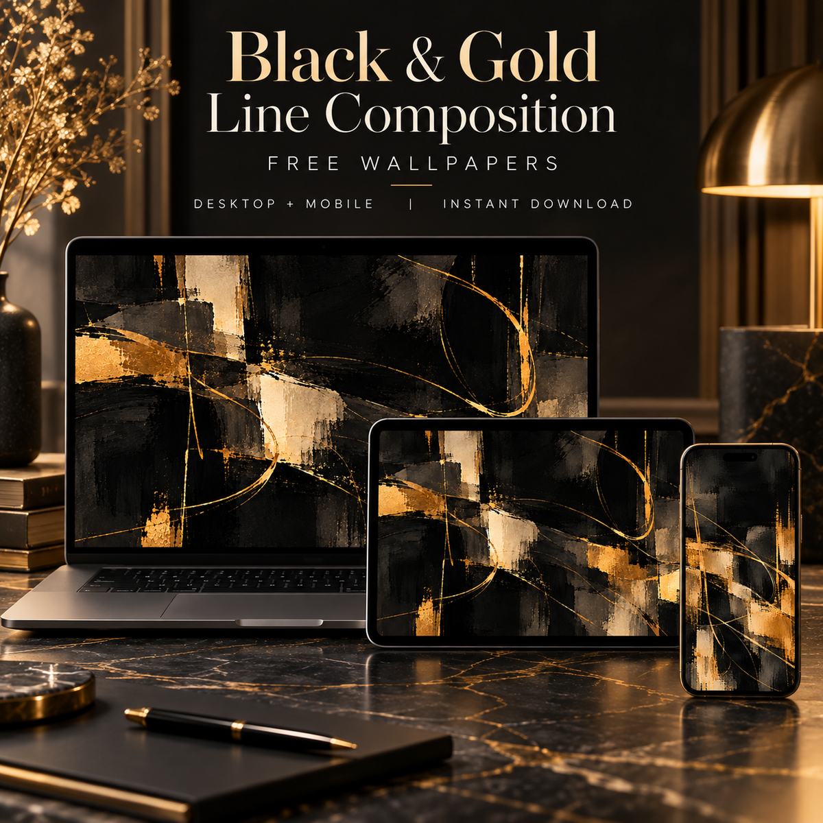 Black & Gold Line Composition – Free 4K Wallpaper | Digital Download