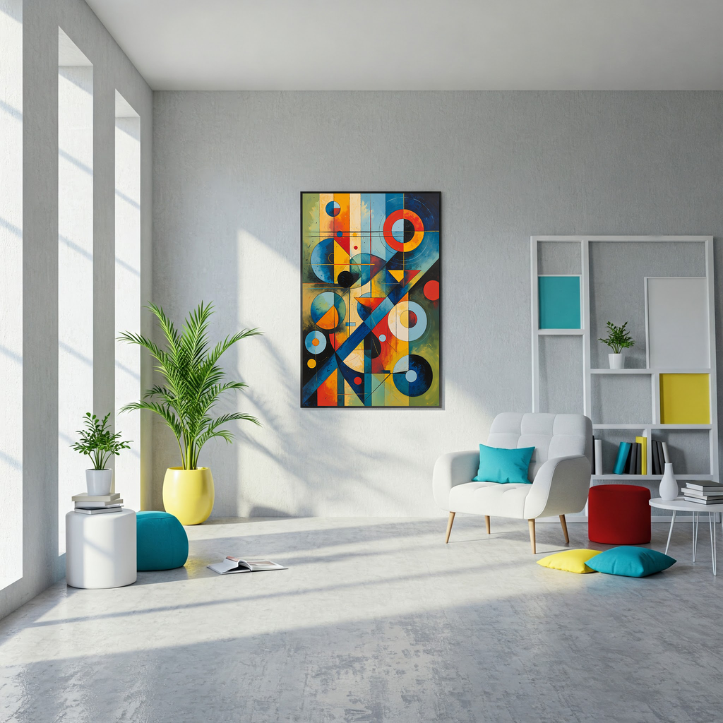 Reflectionare abstract geometric digital art print featuring modern Bauhaus style wall decor with vibrant shapes and bold lines.