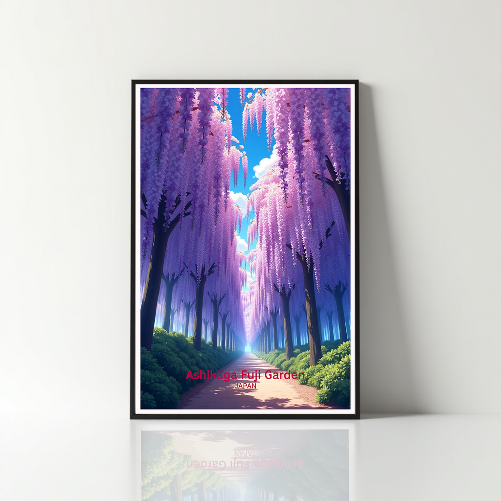 Digital art of Ashikaga Fuji Garden by Reflectionare, showcasing vibrant cherry blossoms and traditional Japanese landscape.
