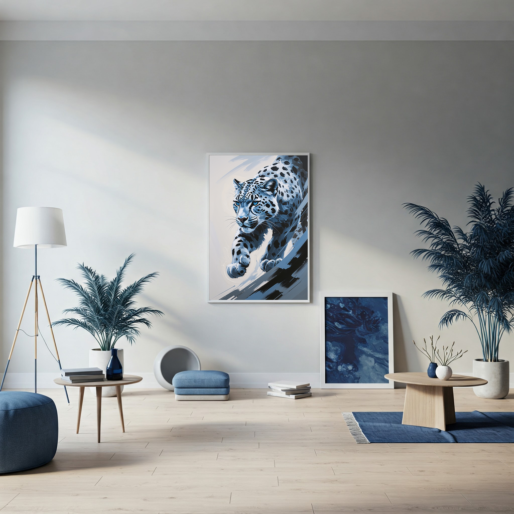 Abstract Snow Leopard II digital art print by Reflectionare, featuring a modern wildlife design with bold, colorful snow leopard imagery.