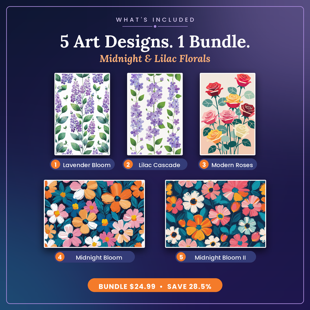 Midnight & Lilac Florals - 5 Premium Botanical Wall Art Prints Bundle
